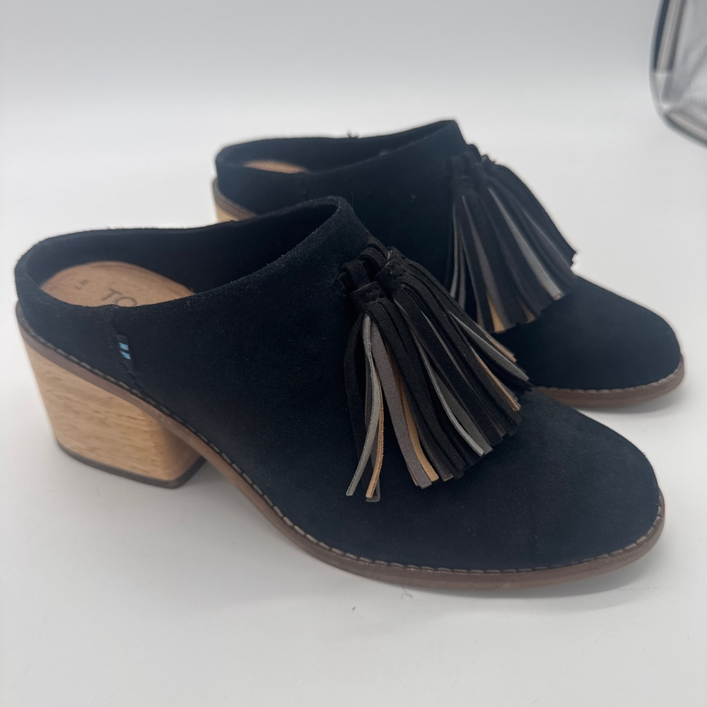 TOMS Leila Tassel Mules Black Suede Size 7 Brown Wood Heel